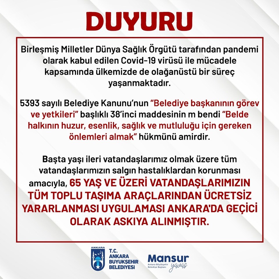 Ankara ve İzmir'de 65 yaş üstüne ücretsiz ulaşım durduruldu - Resim : 1