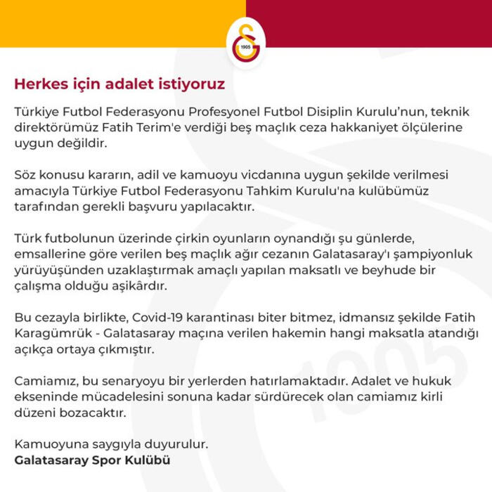 Galatasaray'dan PDFK'nın kararı sonrası açıklama - Resim : 1