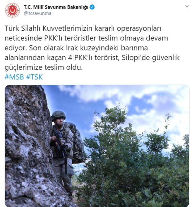 MSB: 4 PKK’lı terörist teslim oldu - Resim : 1