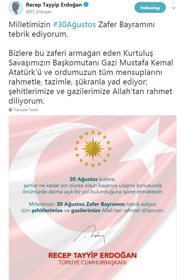Erdoğan'dan 30 Ağustos paylaşımı - Resim : 1