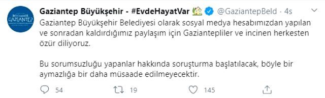 Gaziantep Büyükşehir Belediyesi paylaşım için özür diledi ! - Resim : 1