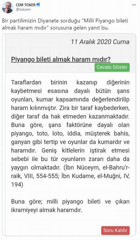 Diyanet açıkladı; Milli Piyango bileti almak haram mı ? - Resim : 1