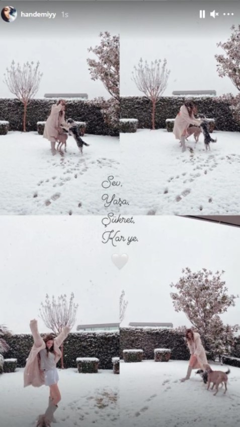 Hande Erçel kar yağışını görünce şortuyla bahçeye koştu - Resim : 1