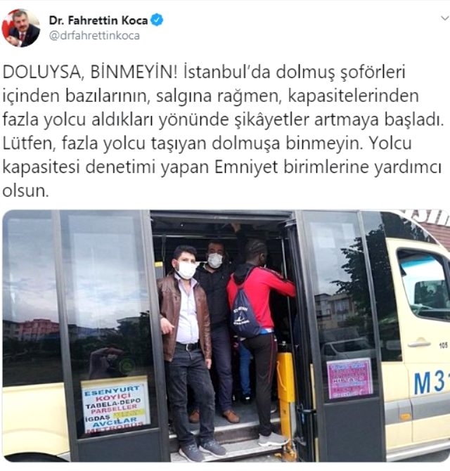 Bakan Koca'nın ''doluysa binmeyin'' paylaşımına tepki yağdı - Resim : 1