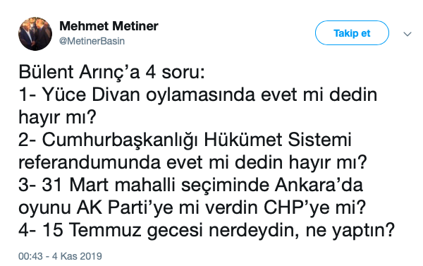 AK Parti'de çatlak ! Metiner'den Bülent Arınç'a 4 soru - Resim : 1