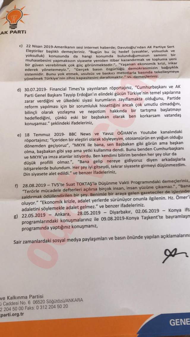Davutoğlu'nun gerekçeli ihraç kararı ortaya çıktı - Resim : 2
