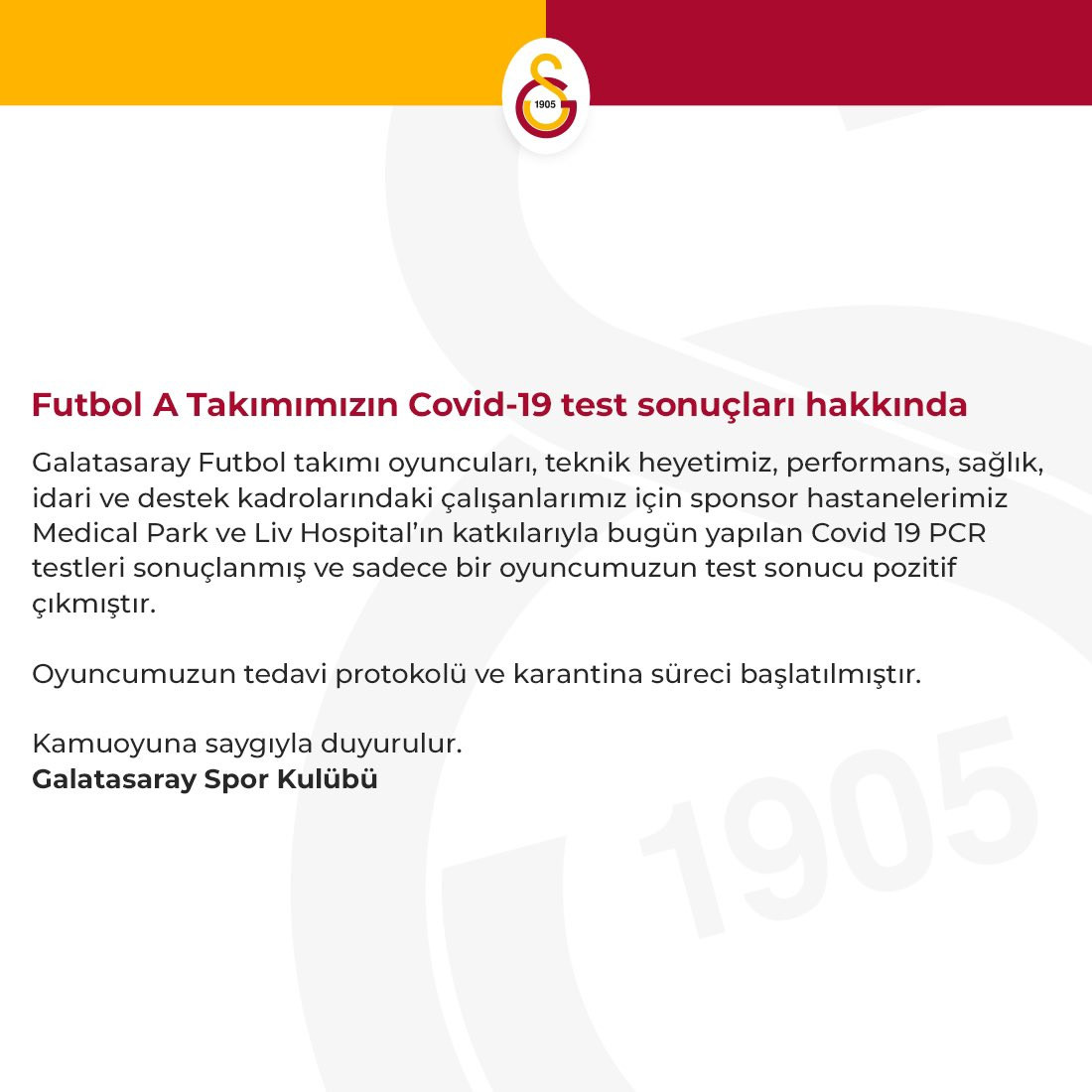 Galatasaray'da 1 futbolcuda koronavirüs tespit edildi - Resim : 1