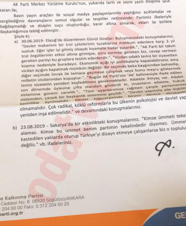 Davutoğlu'nun gerekçeli ihraç kararı ortaya çıktı - Resim : 1